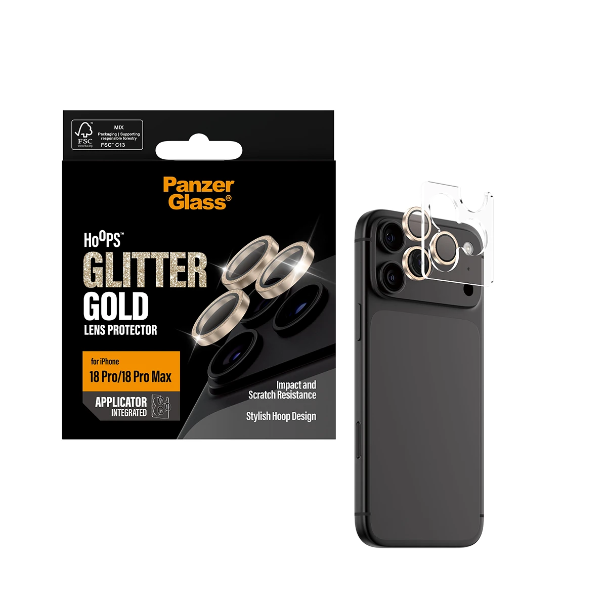 PanzerGlass Hoops iPhone 18 Pro és Pro Max kameralencse-védő - csillámos arany