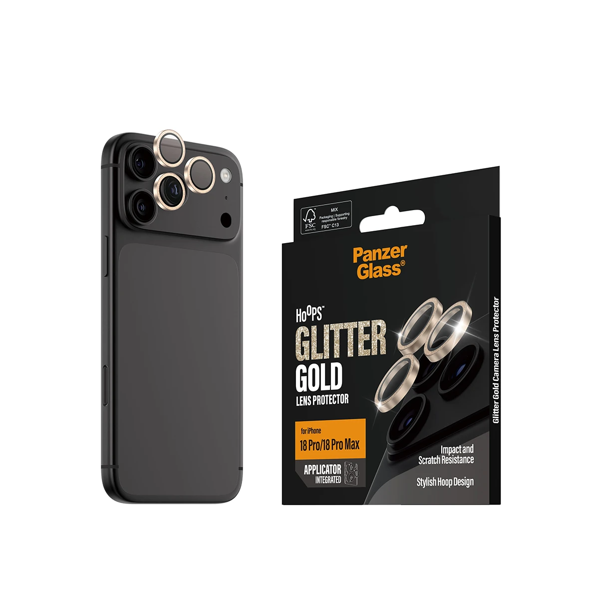 PanzerGlass Hoops iPhone 18 Pro és Pro Max kameralencse-védő - csillámos arany
