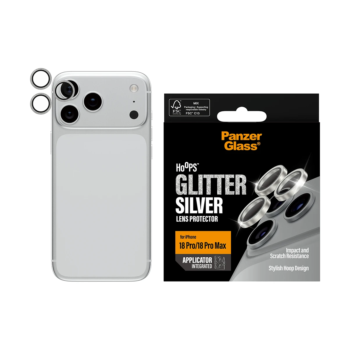 PanzerGlass Hoops iPhone 18 Pro és Pro Max kameralencse-védő - csillámos ezüst