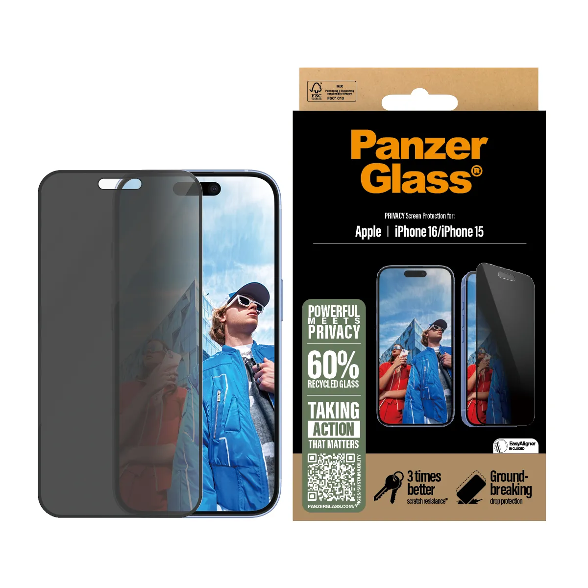 PANZERGLASS Ultra-Wide Fit iPhone 16 kijelzővédő üvegfólia applikátorral - betekintésgátló