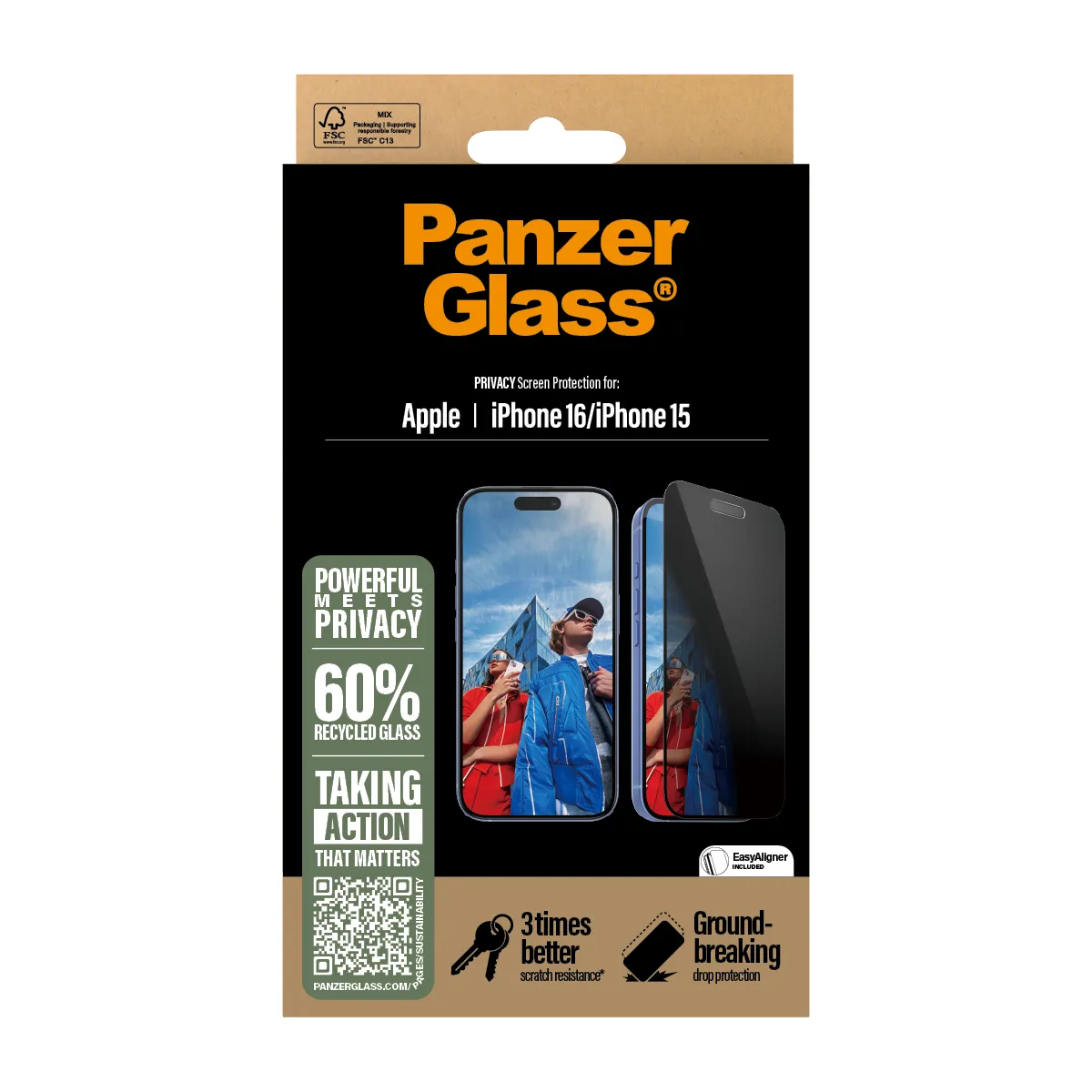 PANZERGLASS Ultra-Wide Fit iPhone 16 kijelzővédő üvegfólia applikátorral - betekintésgátló