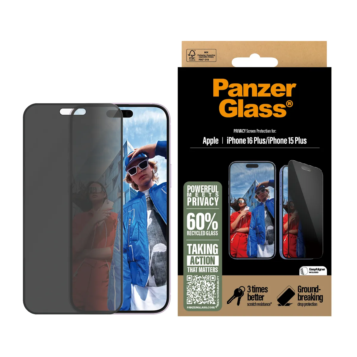 PANZERGLASS Ultra-Wide Fit iPhone 16 Plus kijelzővédő üvegfólia applikátorral - betekintésgátló