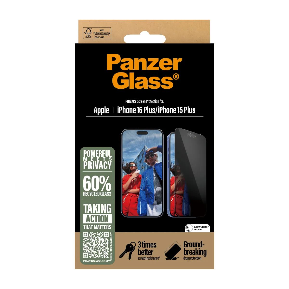 PANZERGLASS Ultra-Wide Fit iPhone 16 Plus kijelzővédő üvegfólia applikátorral - betekintésgátló