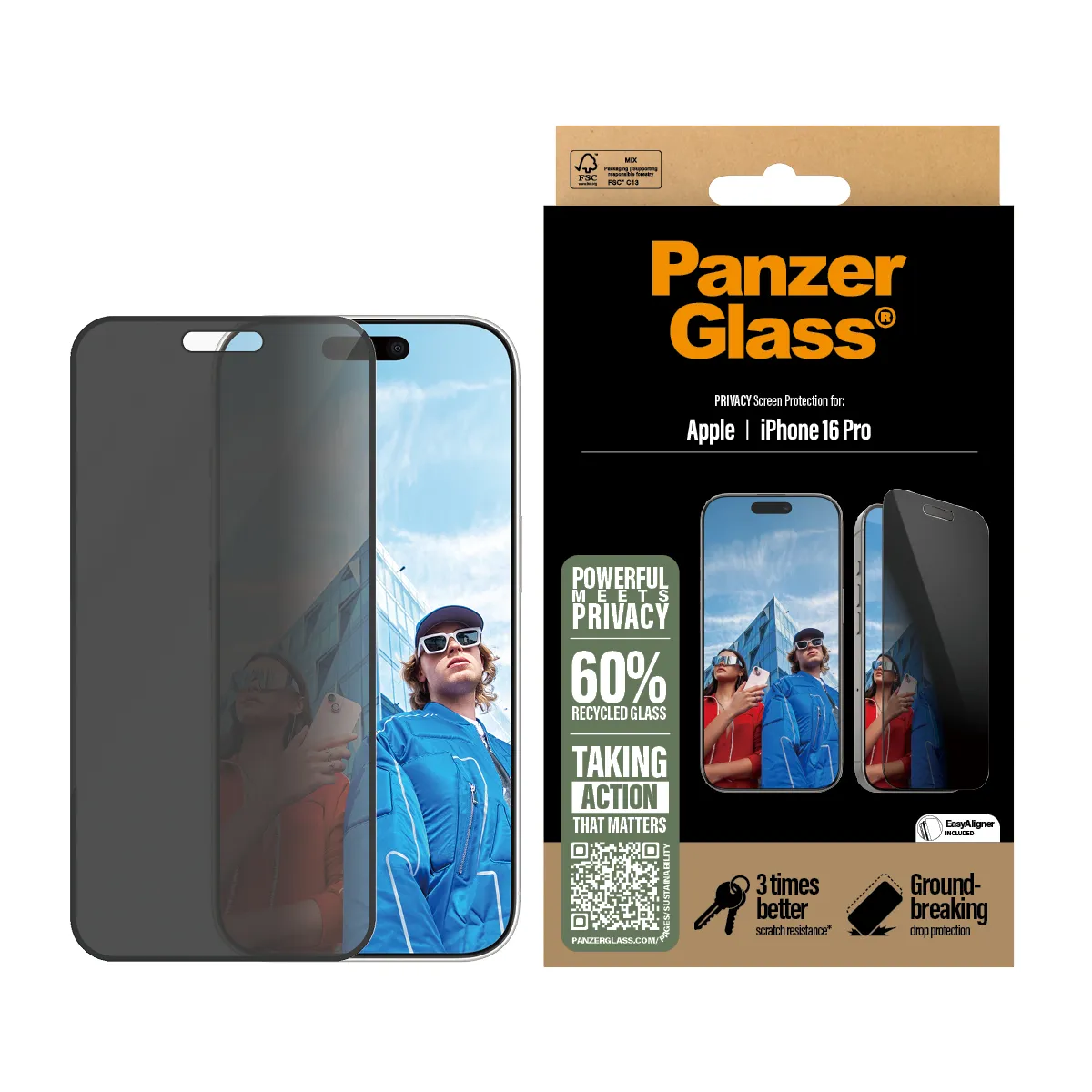 PANZERGLASS Ultra-Wide Fit iPhone 16 Pro kijelzővédő üvegfólia applikátorral - betekintésgátló