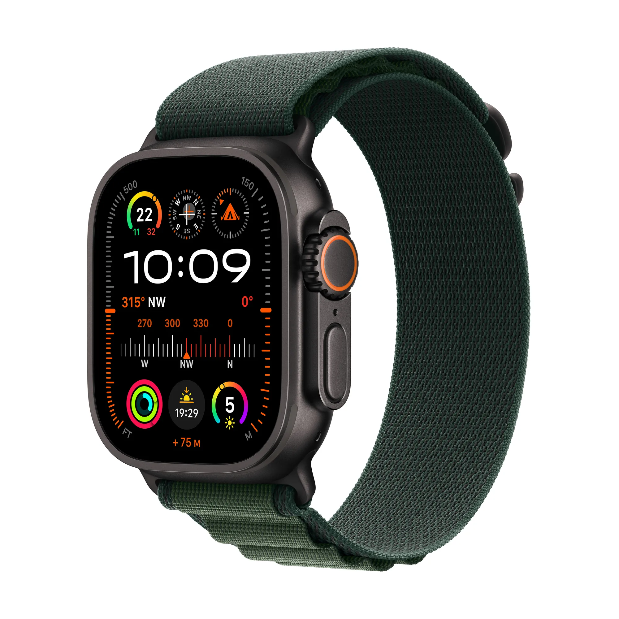 49mm-es Apple Watch Ultra 2 Wi-Fi + Cell - fekete titántok tok, sötétzöld alpesi pánt - M (Használt - Újszerű)
