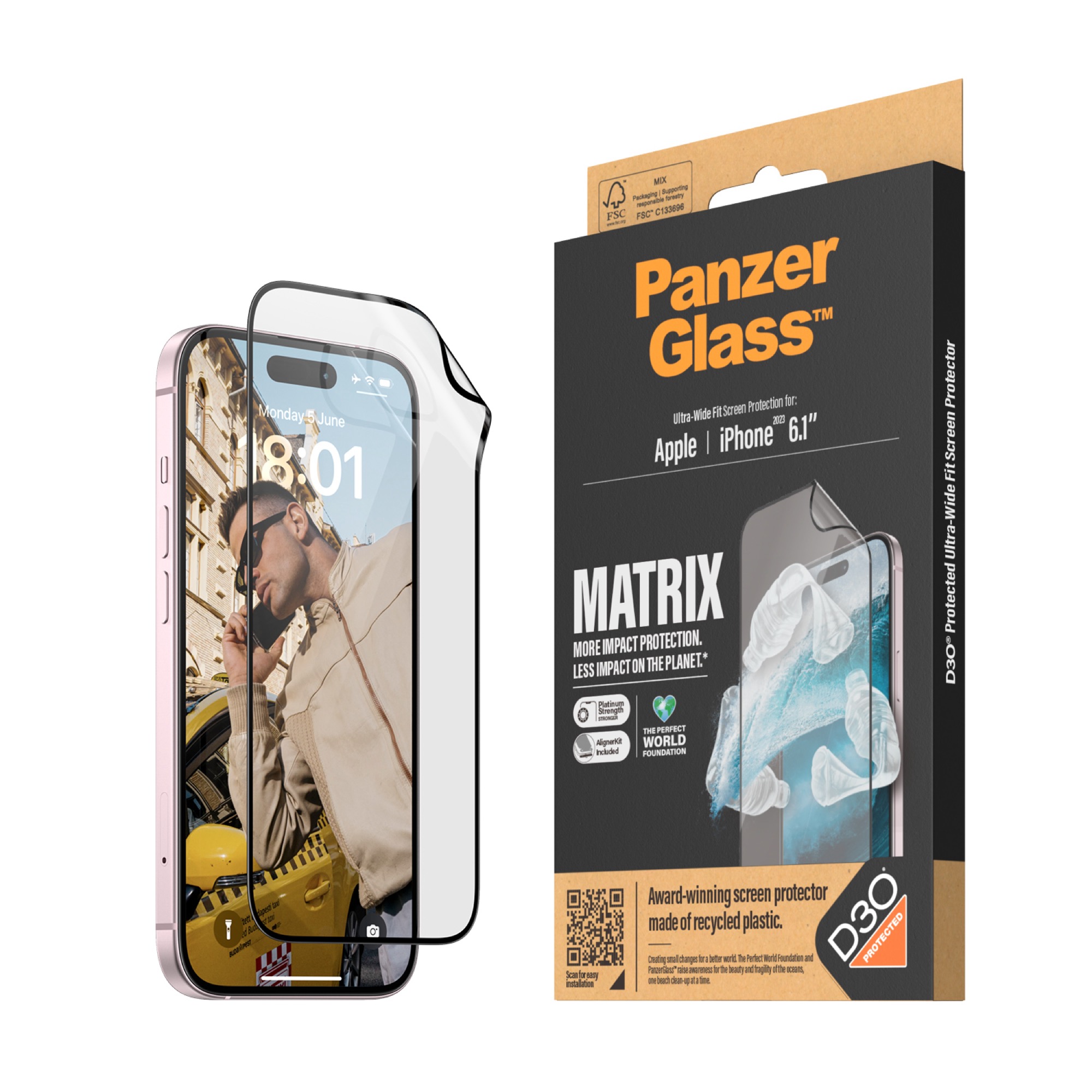 PANZER GLASS Ultra-Wide Fit MATRIX D3O iPhone 15 képernyővédő üvegfólia applikátorral