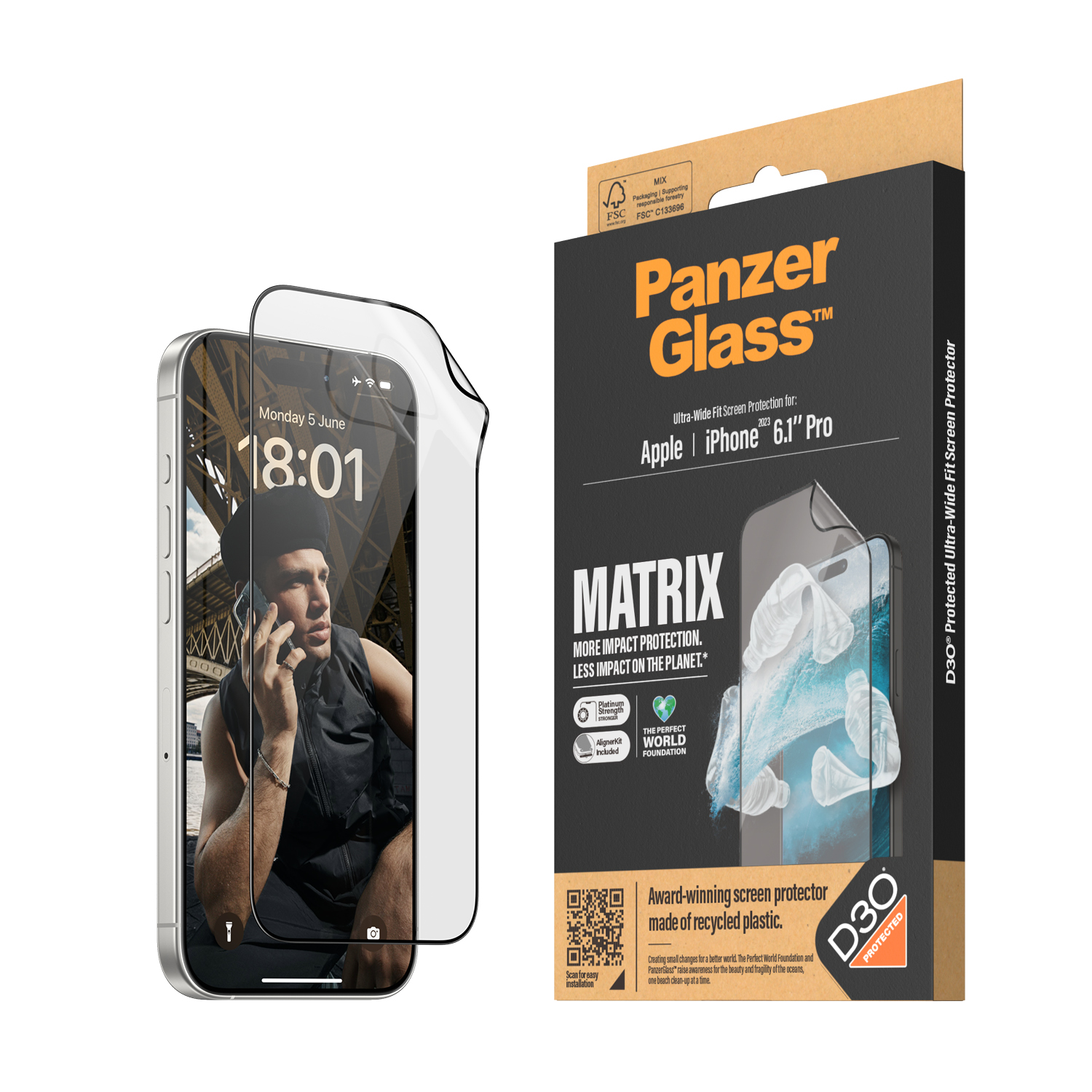 PANZER GLASS Ultra-Wide Fit MATRIX D3O iPhone 15 Pro kijelzővédő fólia applikátorral