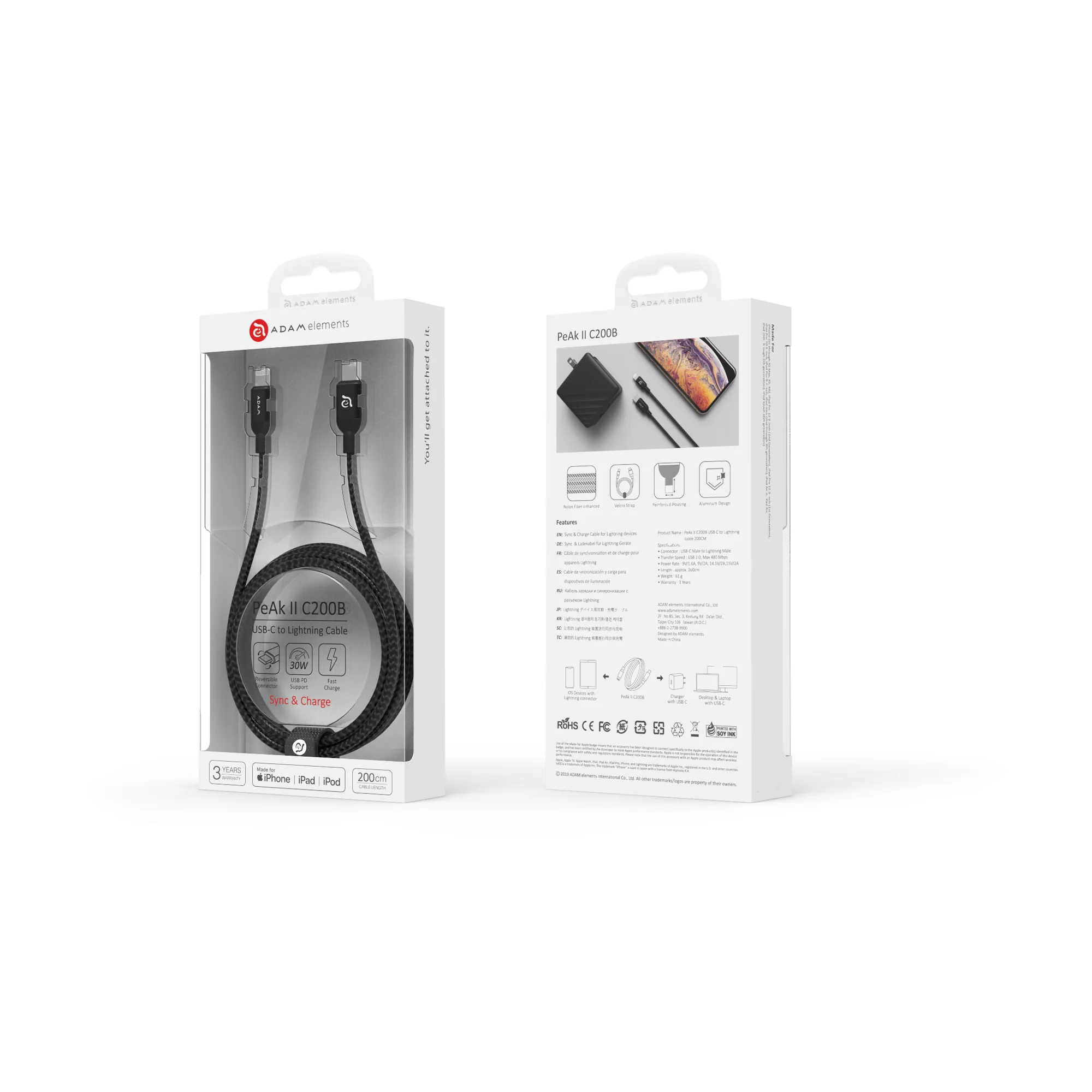 ADAM elements PeAk II C200B USB-C – Lightning kábel fémszövésű bevonattal, 200 cm - fekete