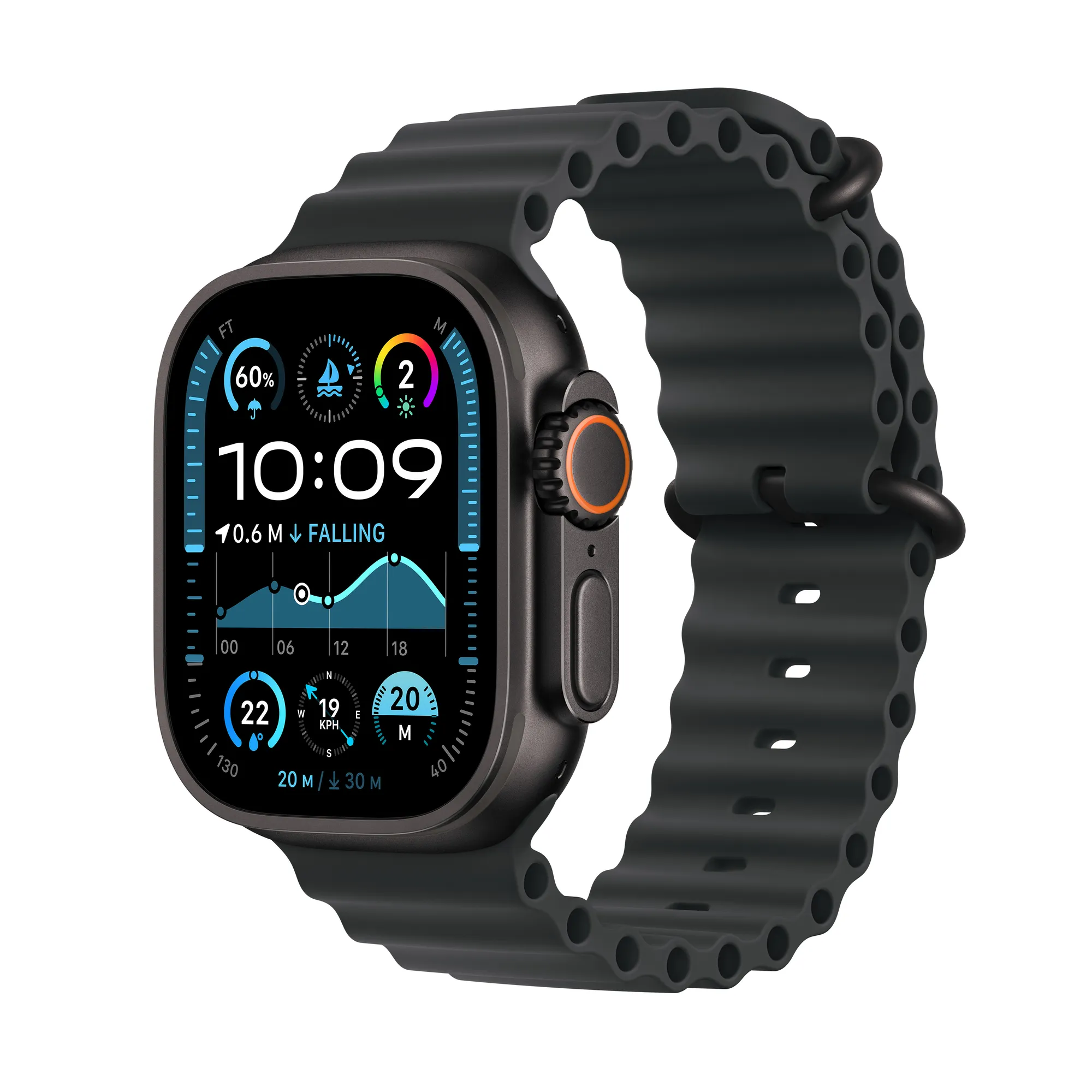 Apple Watch Ultra 2 GPS + Cell., 49 mm-es fekete titántok, fekete Óceán szíj (Bemutató darab - Új)
