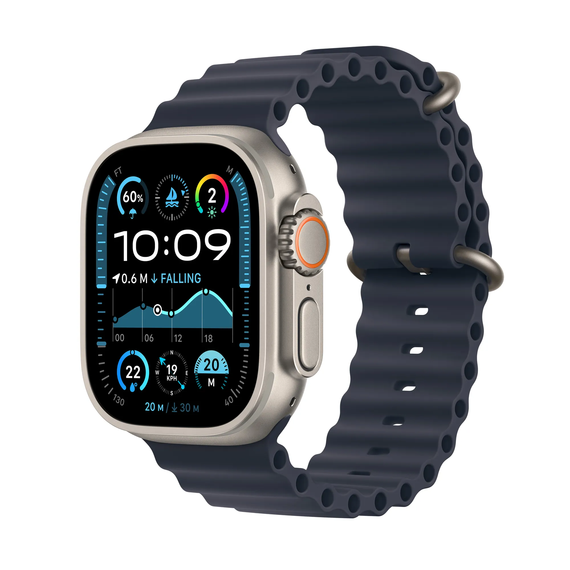 Apple Watch Ultra 2 GPS + Cellular, 49 mm-es natúr titántok, tengerészkék Óceán szíj