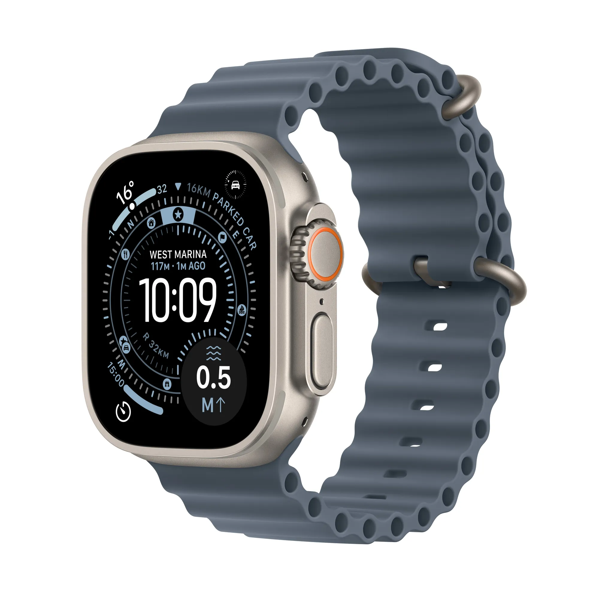 Apple Watch Ultra 3 GPS + Cellular, 49 mm-es natúr titántok, acélkék Óceán szíj