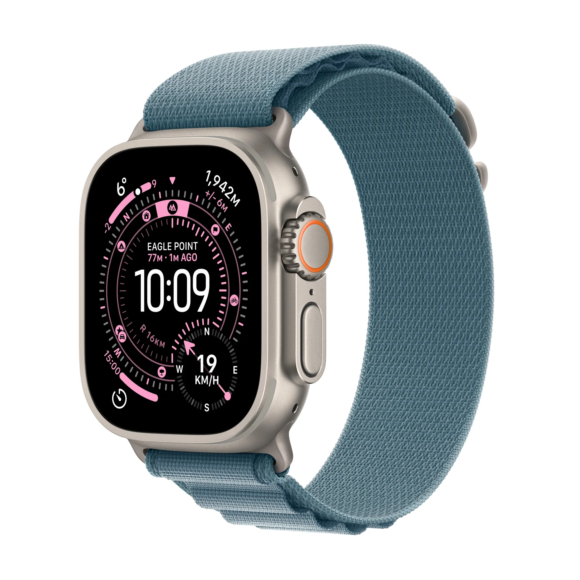 Apple Watch Ultra 3 GPS + Cellular, 49 mm-es natúr titántok, világoskék Alpesi pánt – S