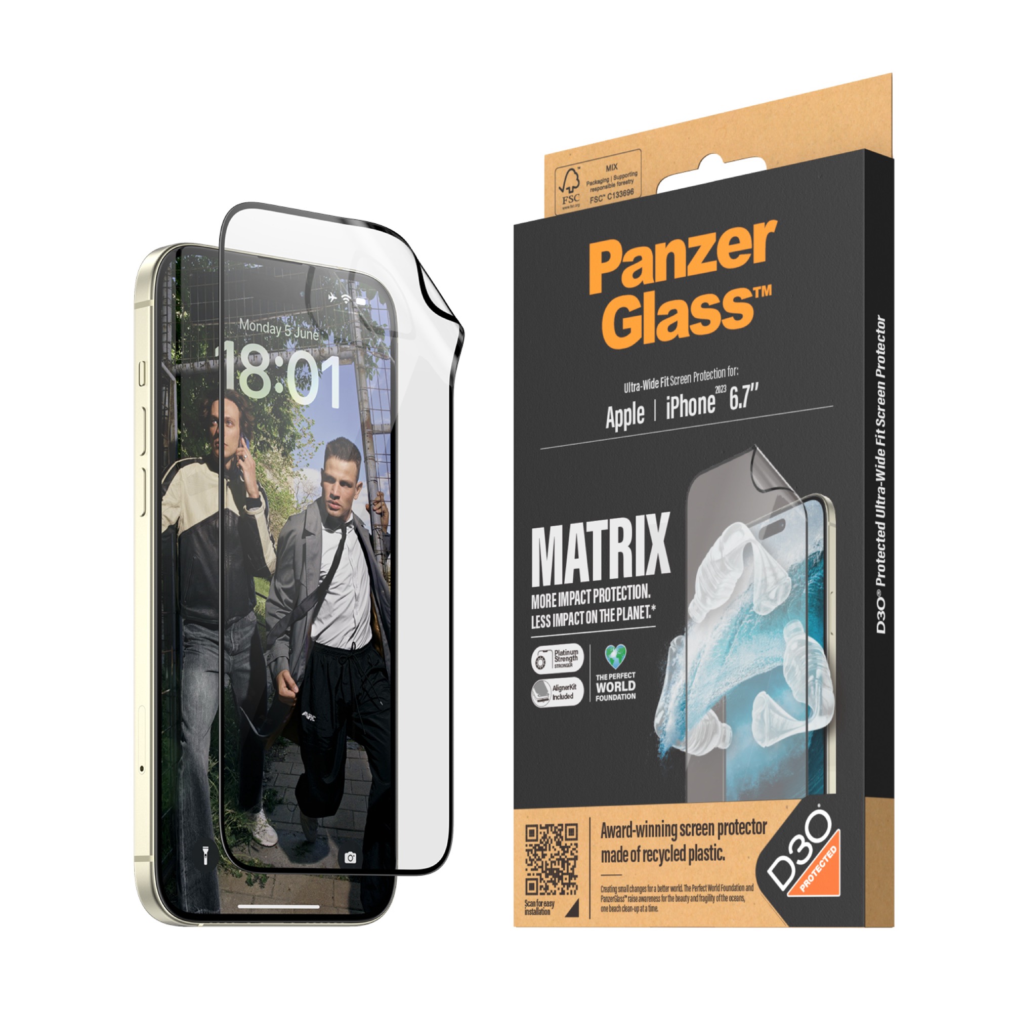 PANZER GLASS Ultra-Wide Fit MATRIX D3O iPhone 15 Plus képernyővédő üvegfólia applikátorral