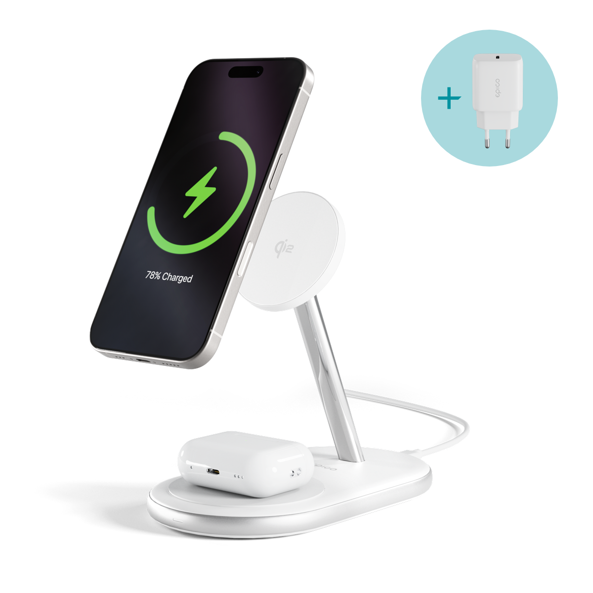 epico Ultrabase EX40 Qi2 2in1 MagSafe vezeték nélküli töltő fali adapterrel és USB-C kábellel - fehér