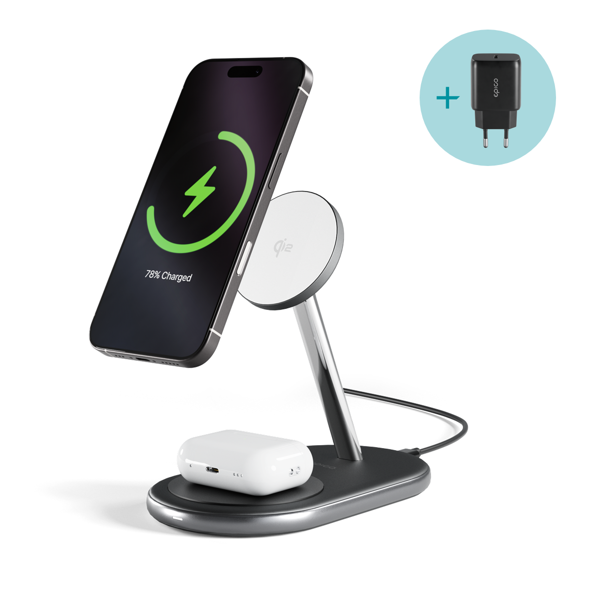 epico Ultrabase EX40 Qi2 2in1 MagSafe vezeték nélküli töltő fali adapterrel és USB-C kábellel - fekete