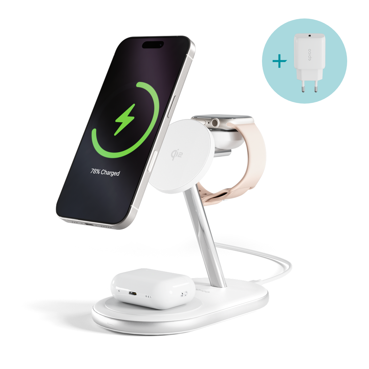 epico Ultrabase EX60 Qi2 3in1 MagSafe vezeték nélküli töltő fali adapterrel és USB-C kábellel - fehér