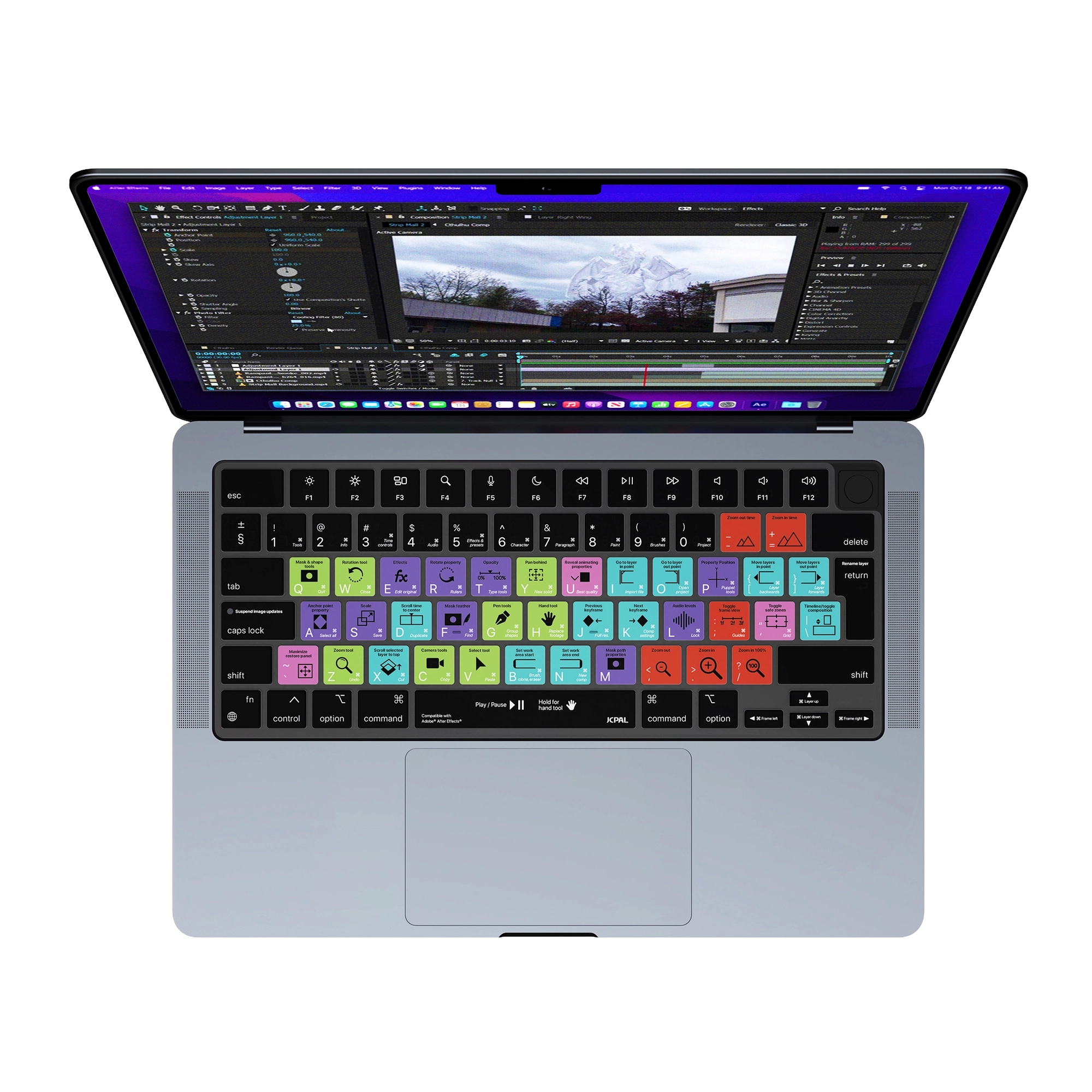 JCPal Verskin Adobe After Effects gyorsbillentyűs billentyűzetvédő - MacBook Air 13/15, Pro 14/16 (2021-2026) - nemzetközi angol kiosztás