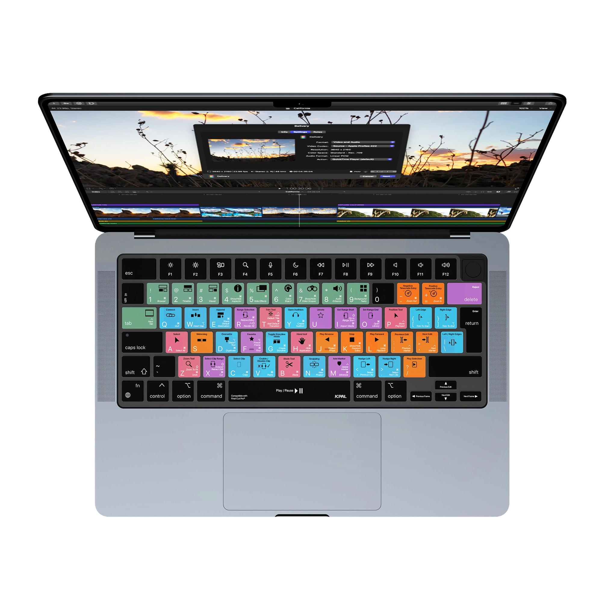 JCPal Verskin Final Cut Pro gyorsbillentyűs billentyűzetvédő - MacBook Air 13/15, Pro 14/16 (2021-2026) - nemzetközi angol kiosztás