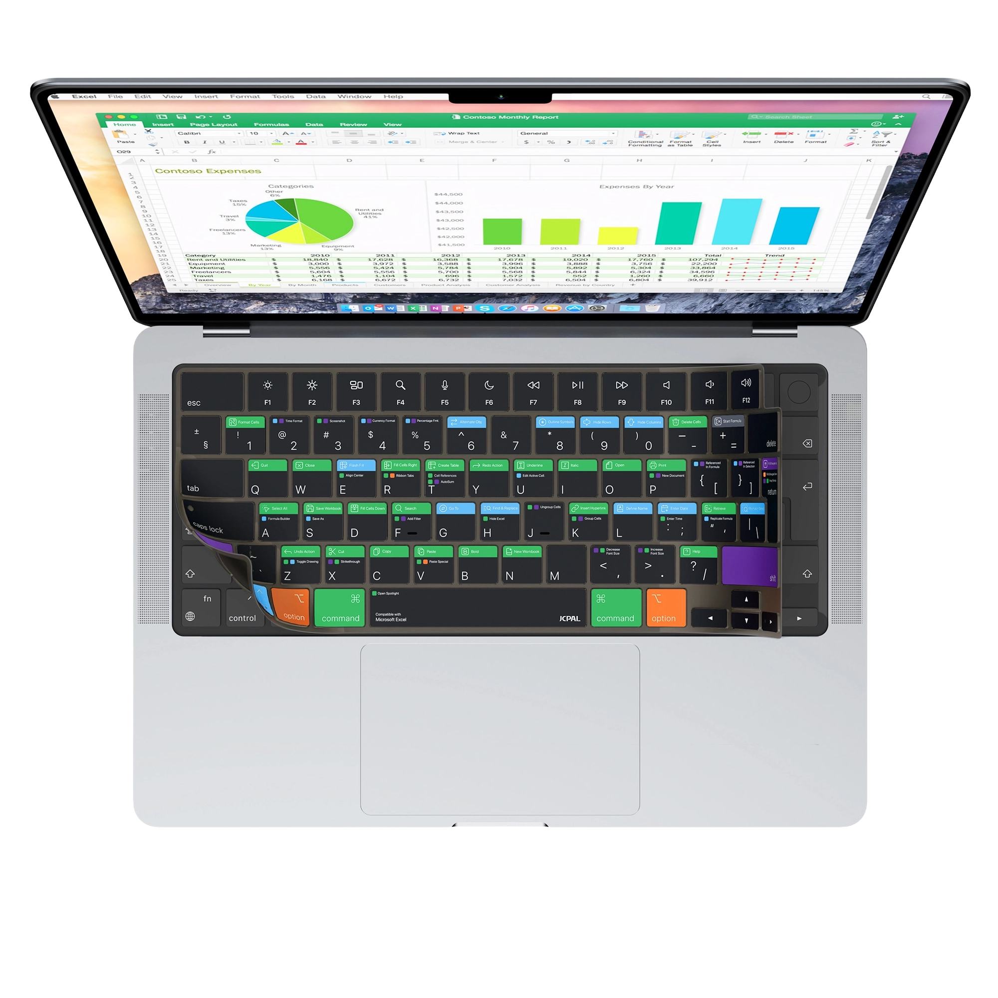 JCPal Verskin Microsoft Excel gyorsbillentyűs billentyűzetvédő - MacBook Air 13/15, Pro 14/16 (2021-2026) - nemzetközi angol kiosztás