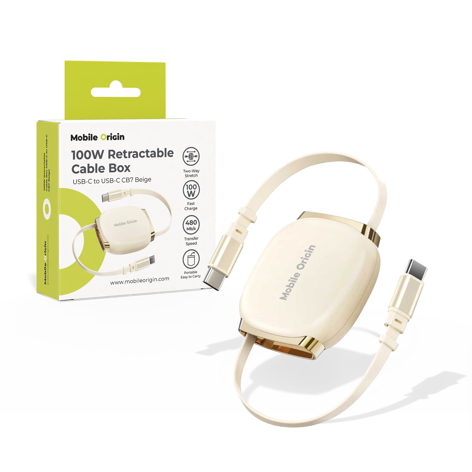 Mobile Origin CB7 100W visszahúzható USB-C - USB-C kábel - bézs