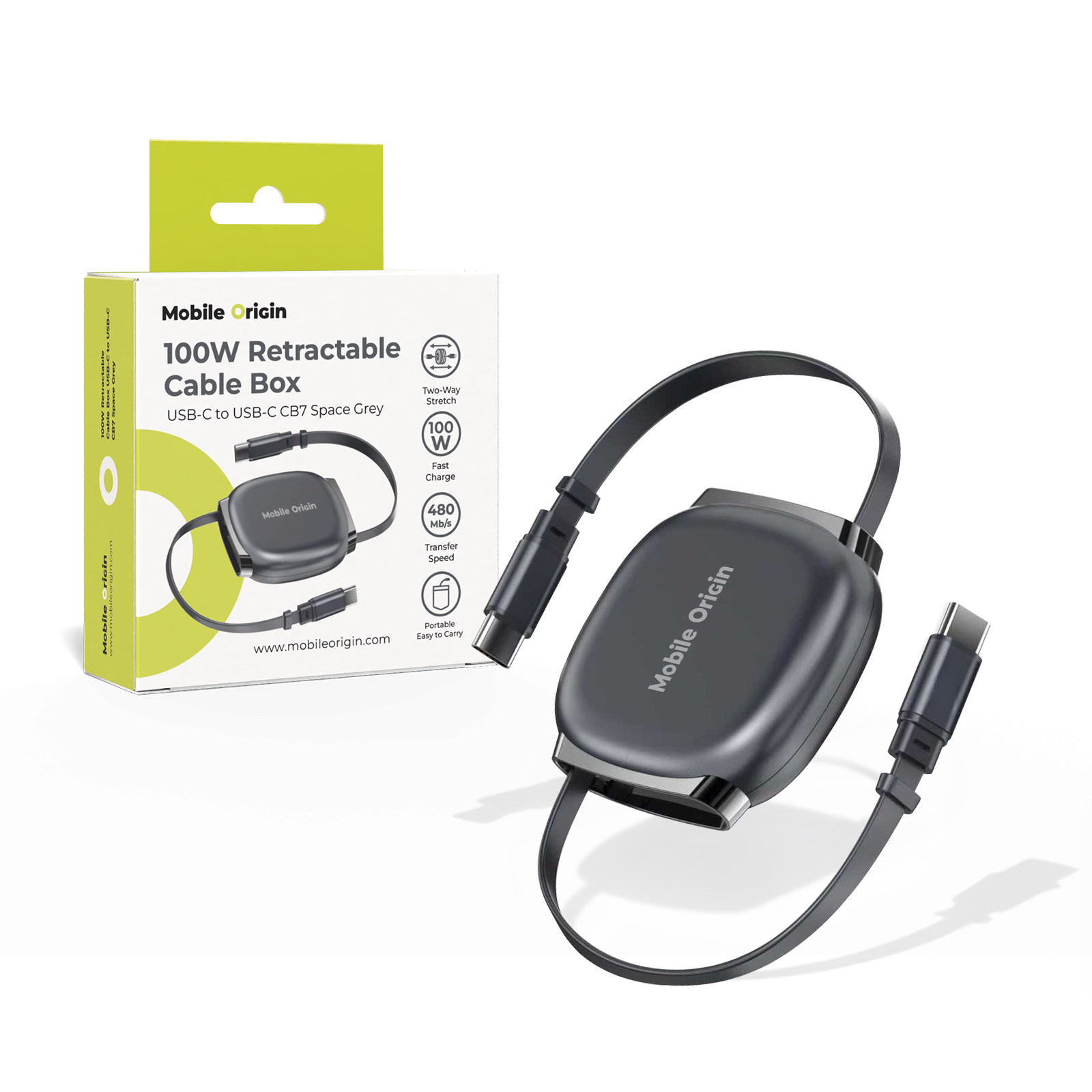 Mobile Origin CB7 100W visszahúzható USB-C - USB-C kábel - asztroszürke