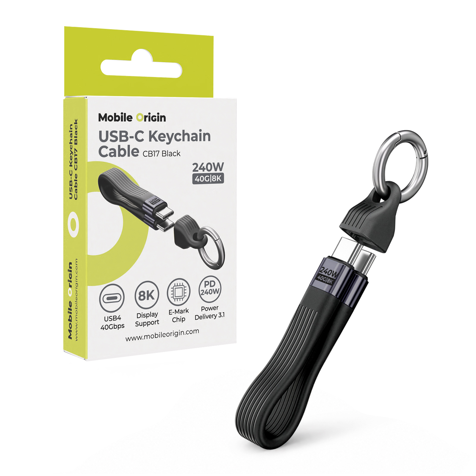 Mobile Origin CB17 240W 40Gbps 8K USB-C kulcstartós kábel - fekete