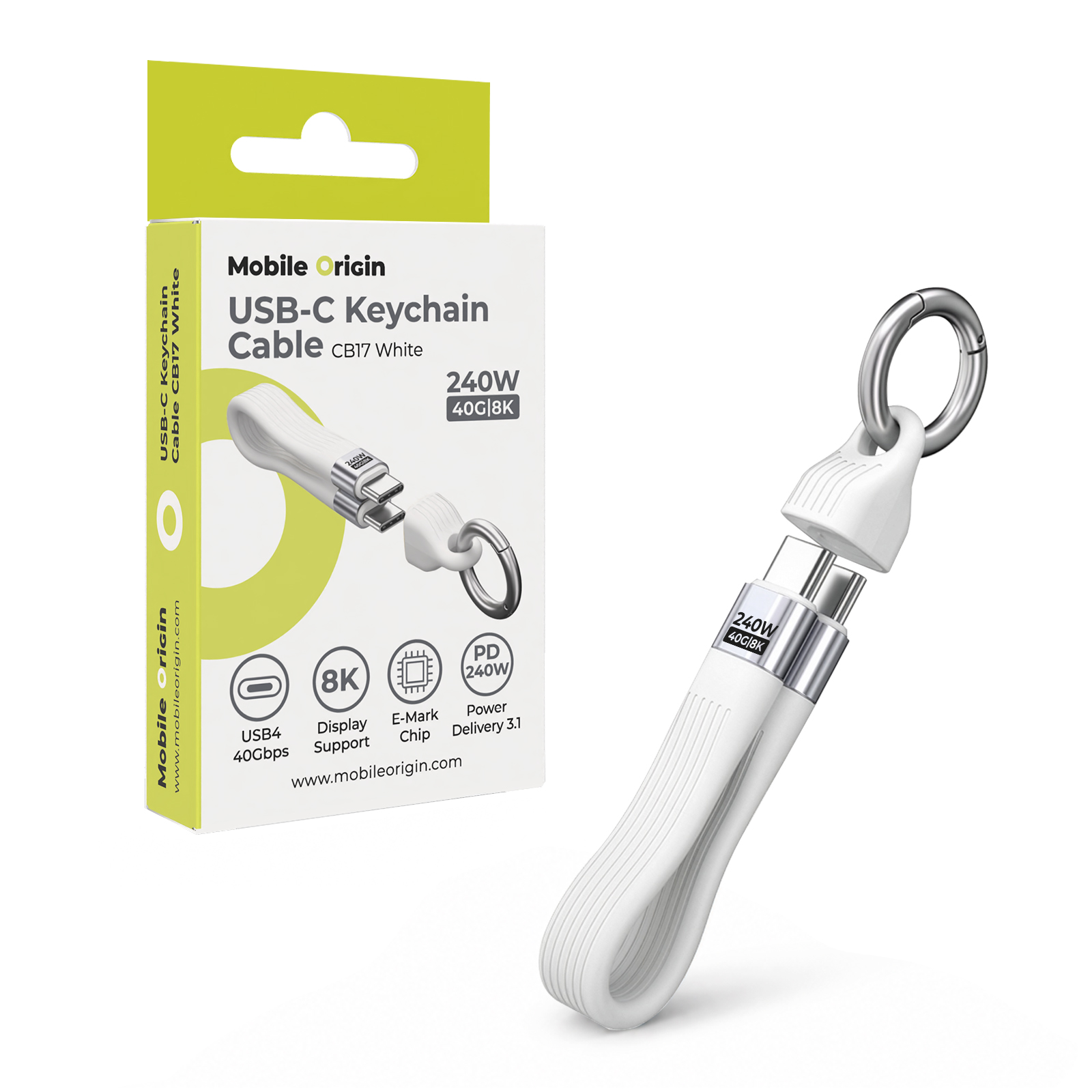 Mobile Origin CB17 240W 40Gbps 8K USB-C kulcstartós kábel - fehér