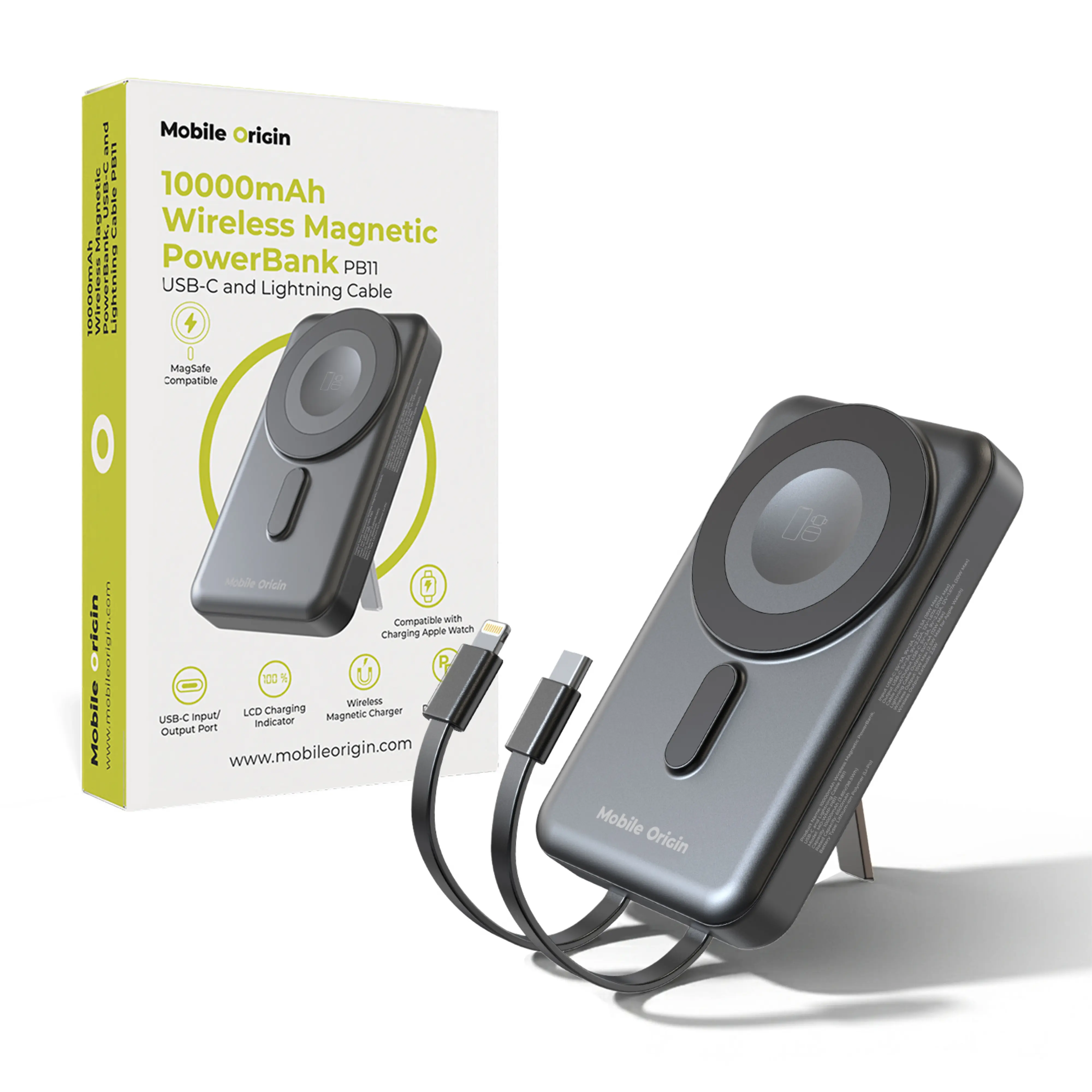 Mobile Origin 10 000mAh mágneses powerbank USB-C és Lightning kábellel