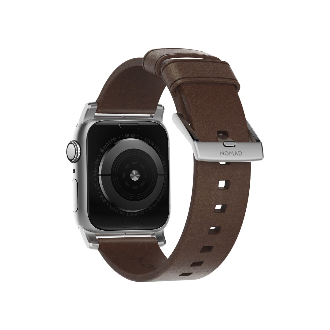 NOMAD Apple Watch 42/44/45/49mm barna bőrszíj ezüst csattal 