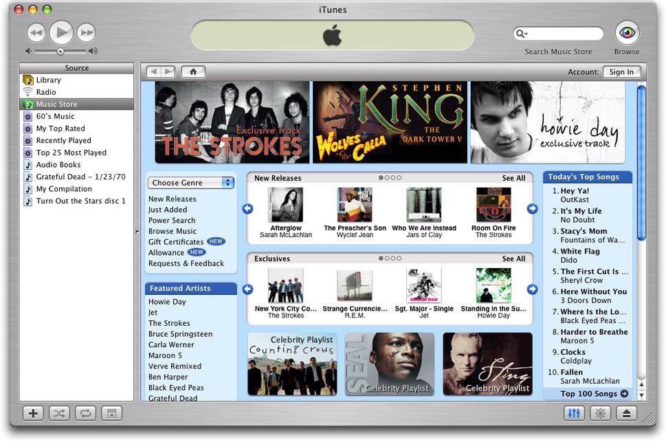 Az iTunes Store megjelenése 2003-ban — képernyőfotó az eredeti interfészről