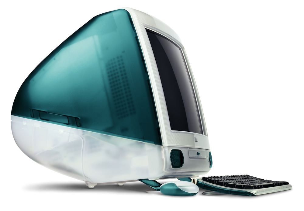 Az iMac G3 "Bondi Blue" első modellje, 1998 — a transzparens kék műanyag ház és a kerek egér