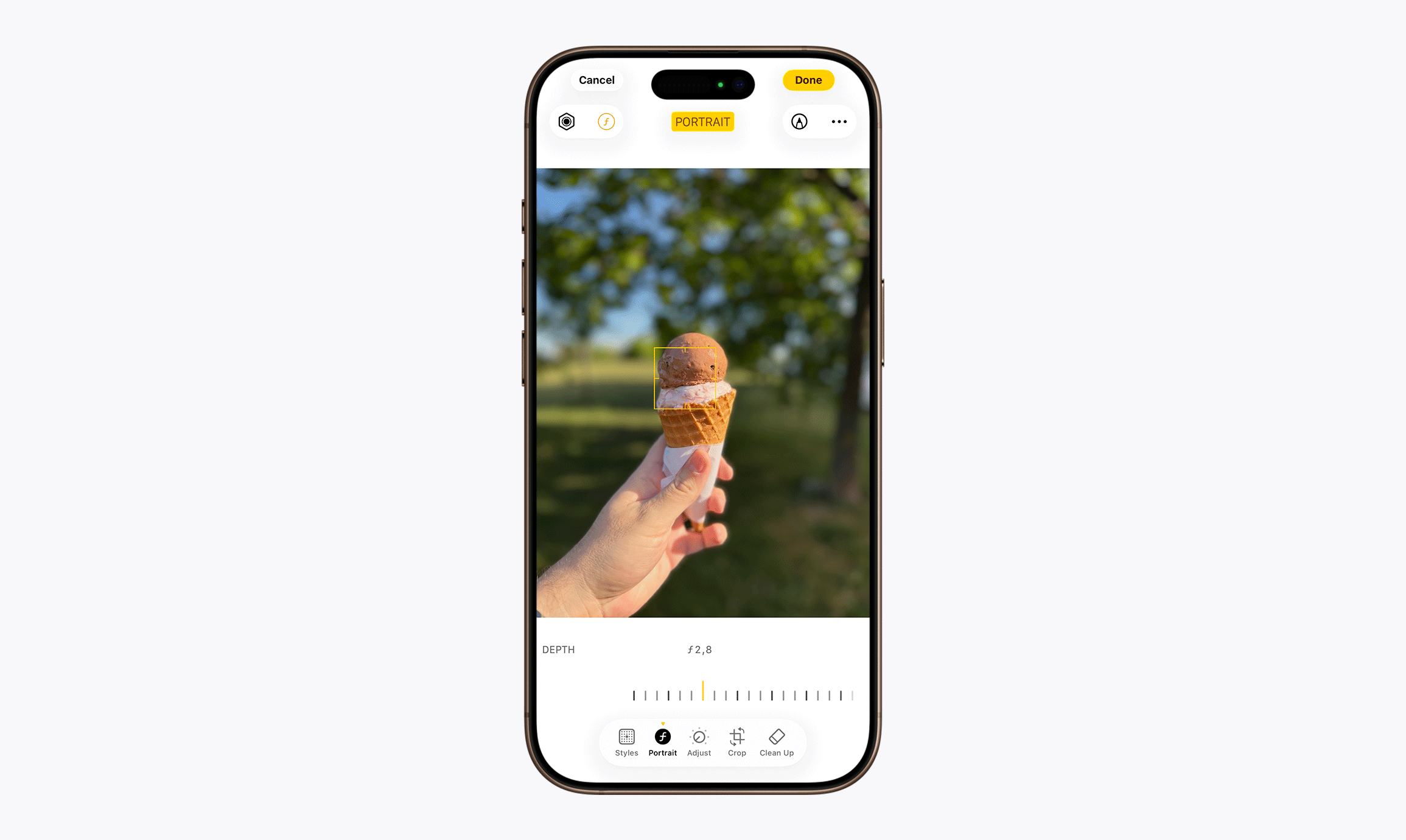 Egy fagylalt képe iPhone-on utólag mélységállítással