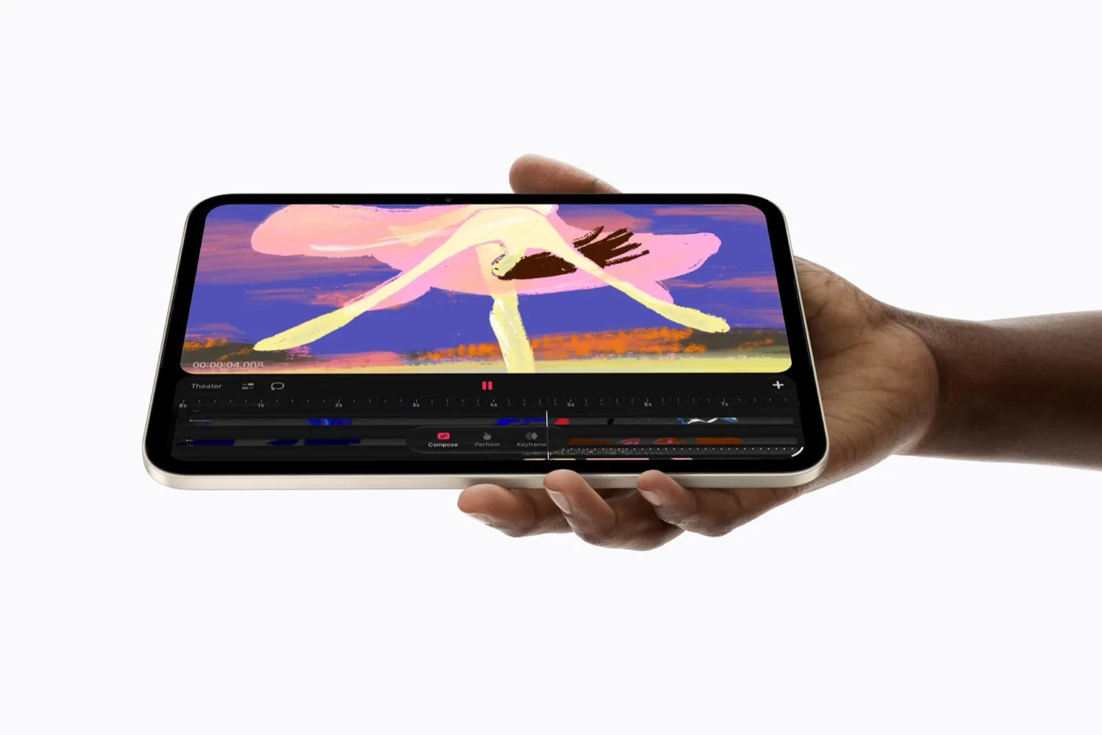 Animáció készítése a Procreate Dreams appban, kézben tartott iPad minin