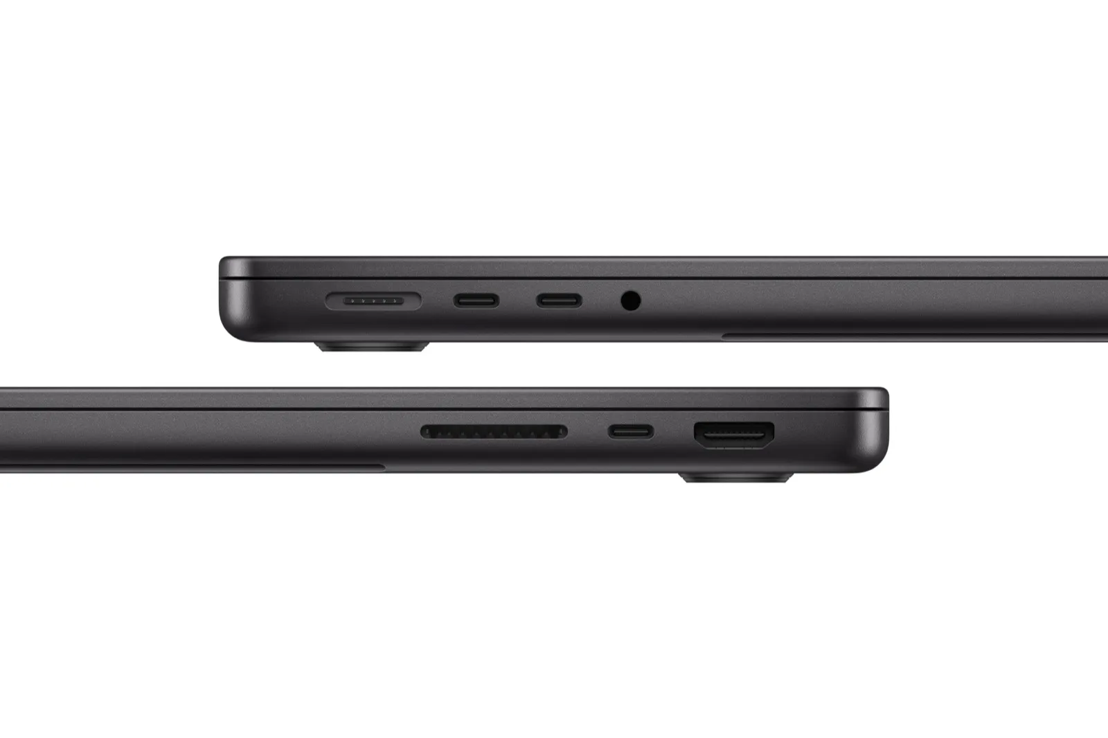 Az új MacBook Pro két oldala a portokkal: HDMI, MagSafe 3, Thunderbolt 4, SDXC-kártyaolvasó és fejhallgató-csatlakozó