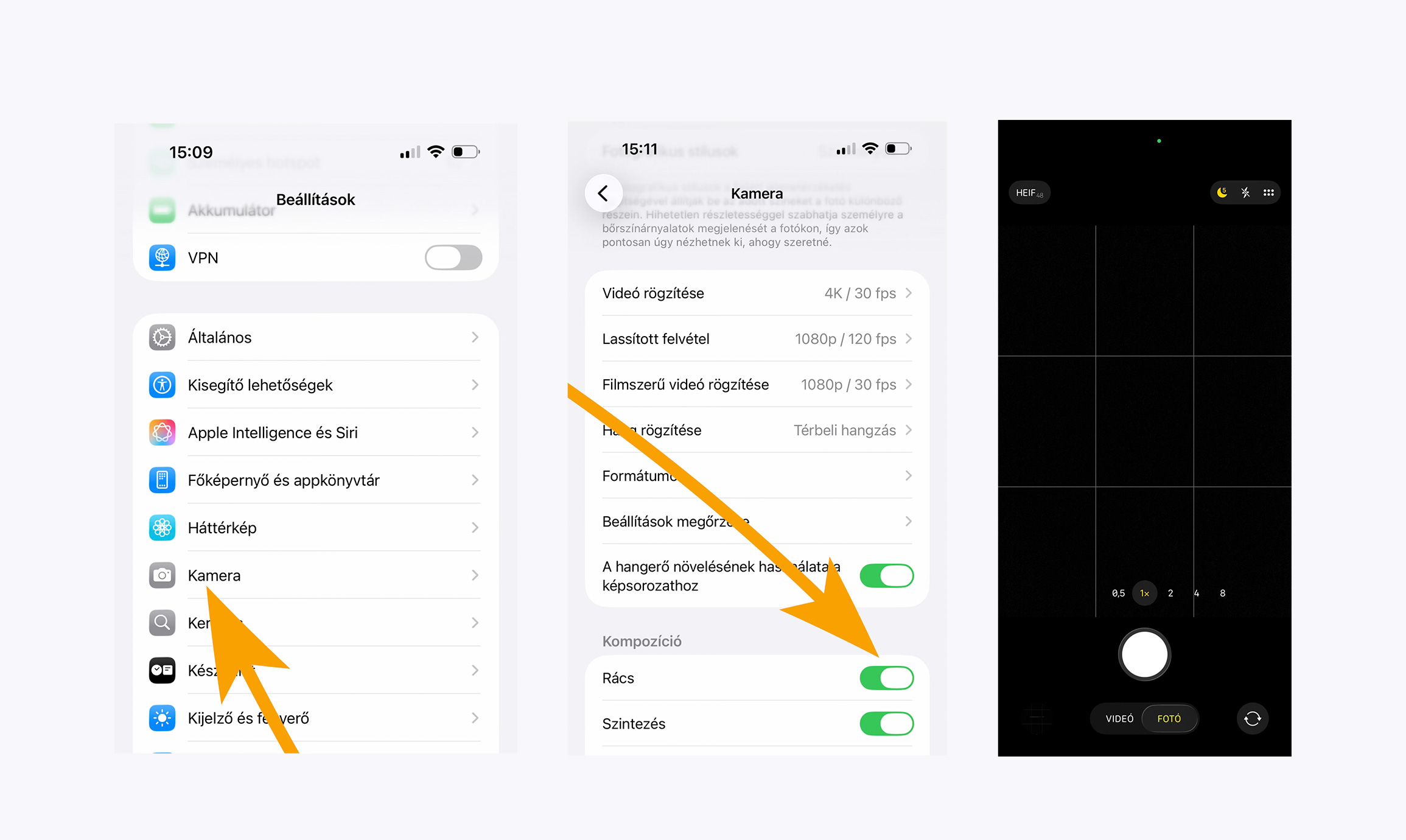 iPhone kamera beállítások - rácsvonalak bekapcsolása